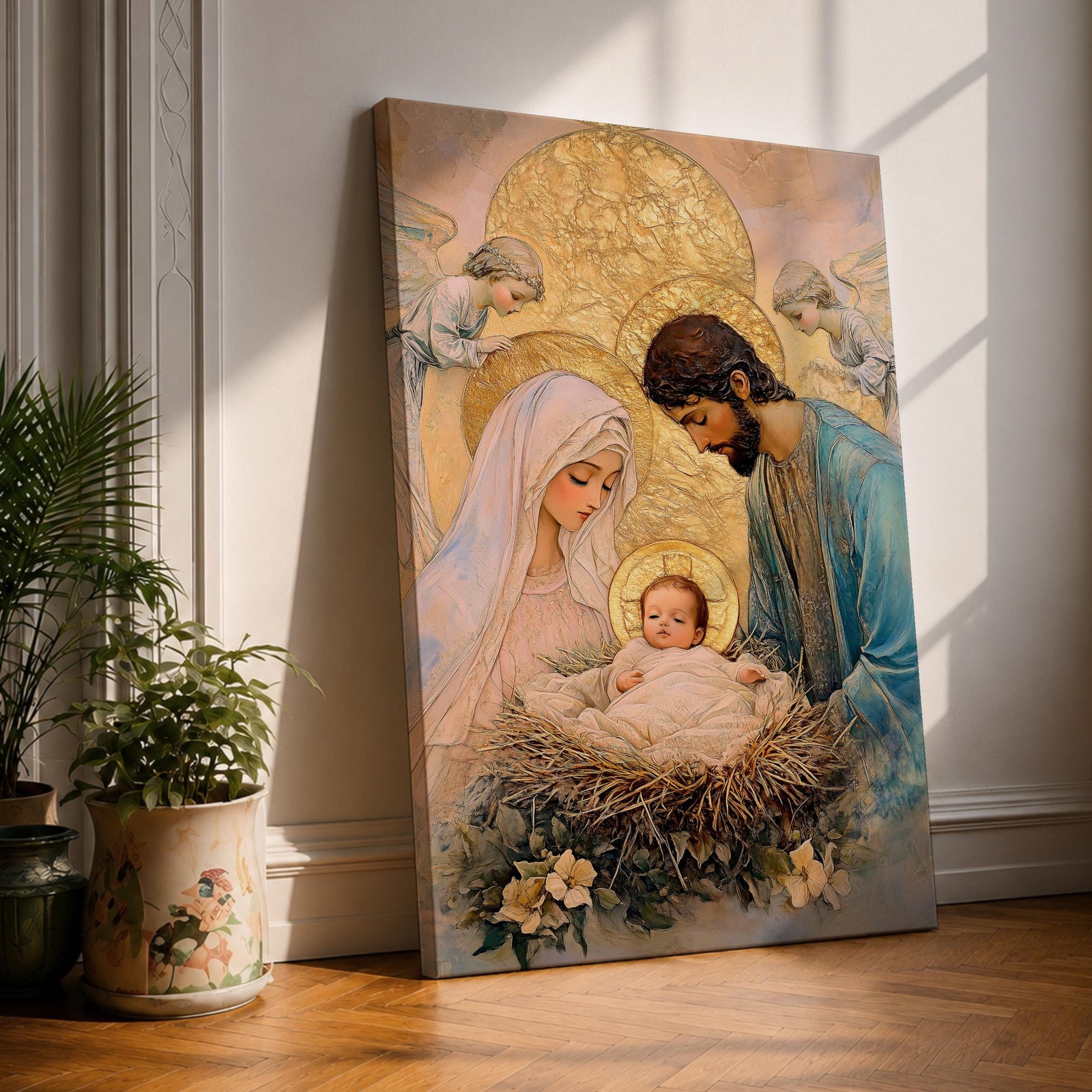 Devotional illustration of the Holy Family with Mary, Jesus, and Joseph gathered together while angels appear above them, portraying the nativity scene with gentle expressions and flowing robes, arranged in a balanced sacred composition and rendered with warm tones and soft shading in a traditional Christian devotional style.
