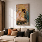 Devotional illustration of the Holy Family with Mary, Jesus, and Joseph gathered together while angels appear above them, portraying the nativity scene with gentle expressions and flowing robes, arranged in a balanced sacred composition and rendered with warm tones and soft shading in a traditional Christian devotional style.