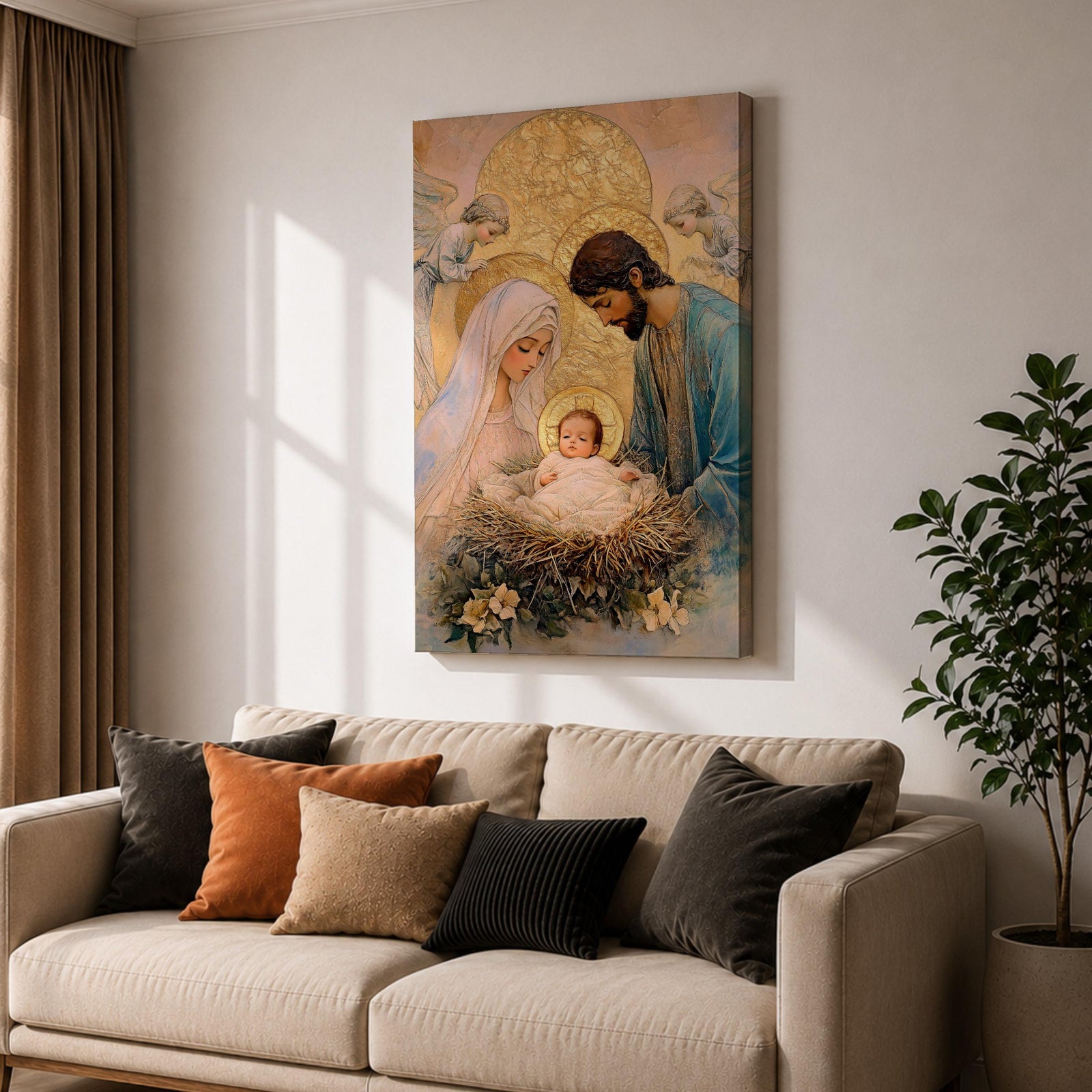 Devotional illustration of the Holy Family with Mary, Jesus, and Joseph gathered together while angels appear above them, portraying the nativity scene with gentle expressions and flowing robes, arranged in a balanced sacred composition and rendered with warm tones and soft shading in a traditional Christian devotional style.