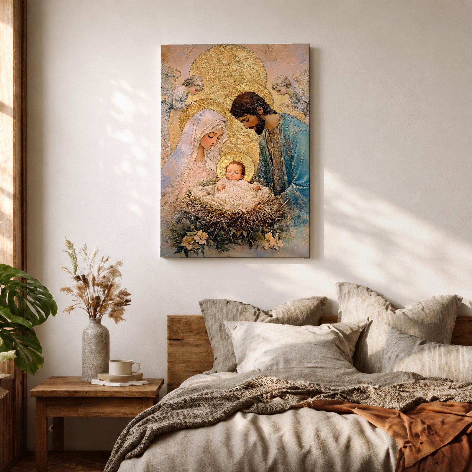 Devotional illustration of the Holy Family with Mary, Jesus, and Joseph gathered together while angels appear above them, portraying the nativity scene with gentle expressions and flowing robes, arranged in a balanced sacred composition and rendered with warm tones and soft shading in a traditional Christian devotional style.