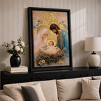 Devotional illustration of the Holy Family with Mary, Jesus, and Joseph gathered together while angels appear above them, portraying the nativity scene with gentle expressions and flowing robes, arranged in a balanced sacred composition and rendered with warm tones and soft shading in a traditional Christian devotional style.