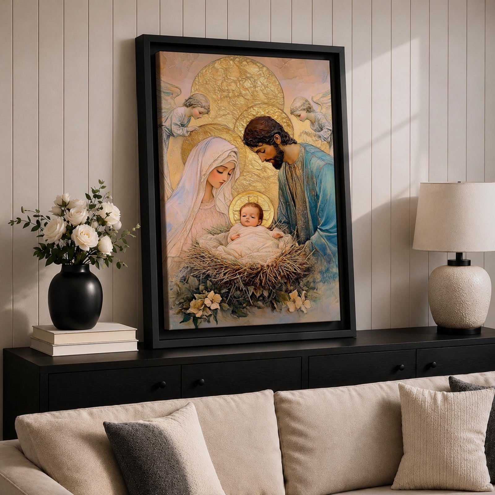 Devotional illustration of the Holy Family with Mary, Jesus, and Joseph gathered together while angels appear above them, portraying the nativity scene with gentle expressions and flowing robes, arranged in a balanced sacred composition and rendered with warm tones and soft shading in a traditional Christian devotional style.