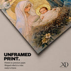 Devotional illustration of the Holy Family with Mary, Jesus, and Joseph gathered together while angels appear above them, portraying the nativity scene with gentle expressions and flowing robes, arranged in a balanced sacred composition and rendered with warm tones and soft shading in a traditional Christian devotional style.