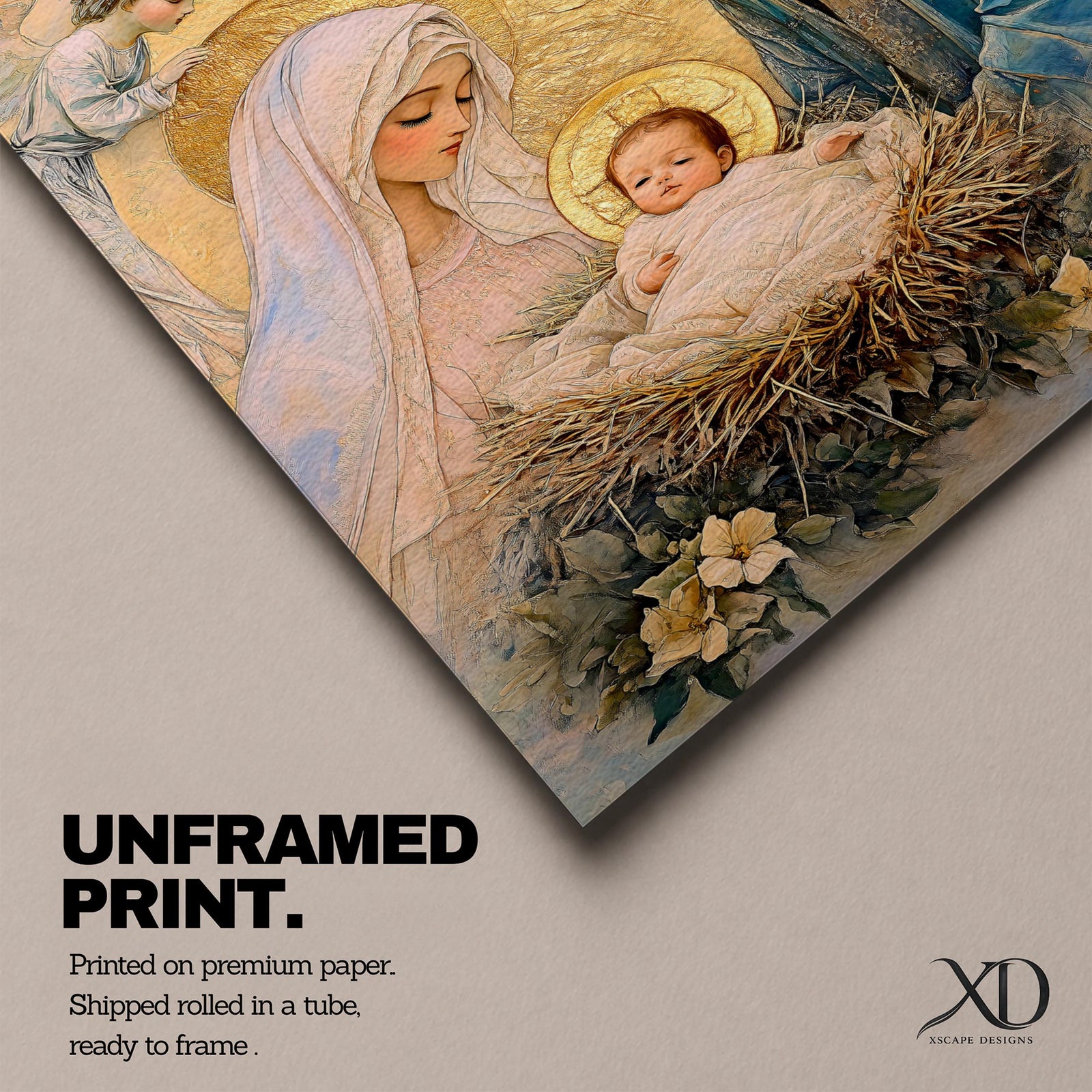 Devotional illustration of the Holy Family with Mary, Jesus, and Joseph gathered together while angels appear above them, portraying the nativity scene with gentle expressions and flowing robes, arranged in a balanced sacred composition and rendered with warm tones and soft shading in a traditional Christian devotional style.