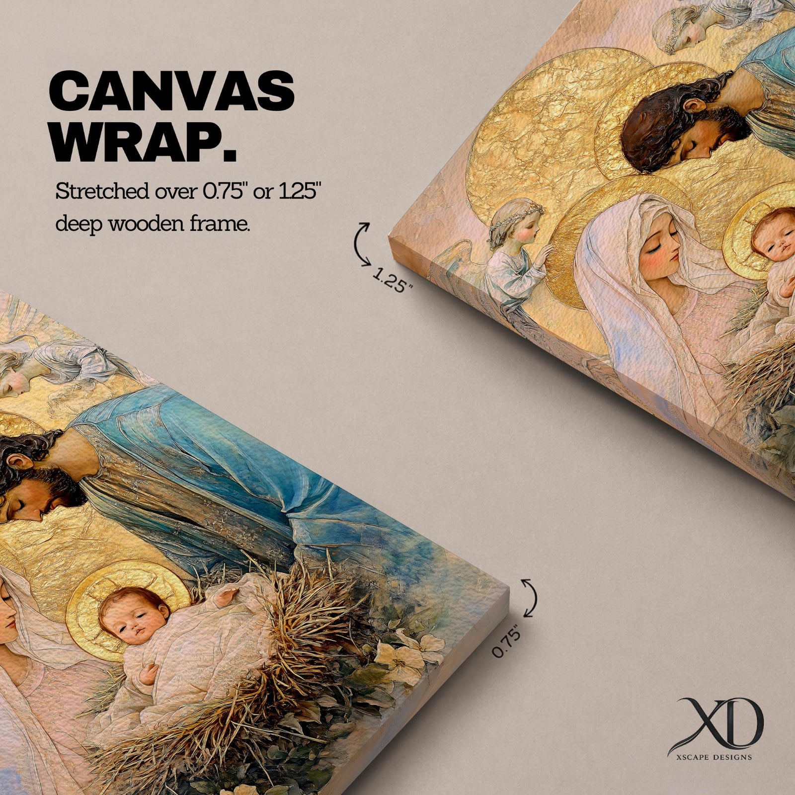 Devotional illustration of the Holy Family with Mary, Jesus, and Joseph gathered together while angels appear above them, portraying the nativity scene with gentle expressions and flowing robes, arranged in a balanced sacred composition and rendered with warm tones and soft shading in a traditional Christian devotional style.