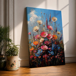 A vibrant impasto painting of a wildflower bouquet featuring pink, orange, cream, and blue flowers against a bright blue sky, rendered with thick textured brushstrokes that emphasize the lively natural floral composition.