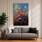A vibrant impasto painting of a wildflower bouquet featuring pink, orange, cream, and blue flowers against a bright blue sky, rendered with thick textured brushstrokes that emphasize the lively natural floral composition.