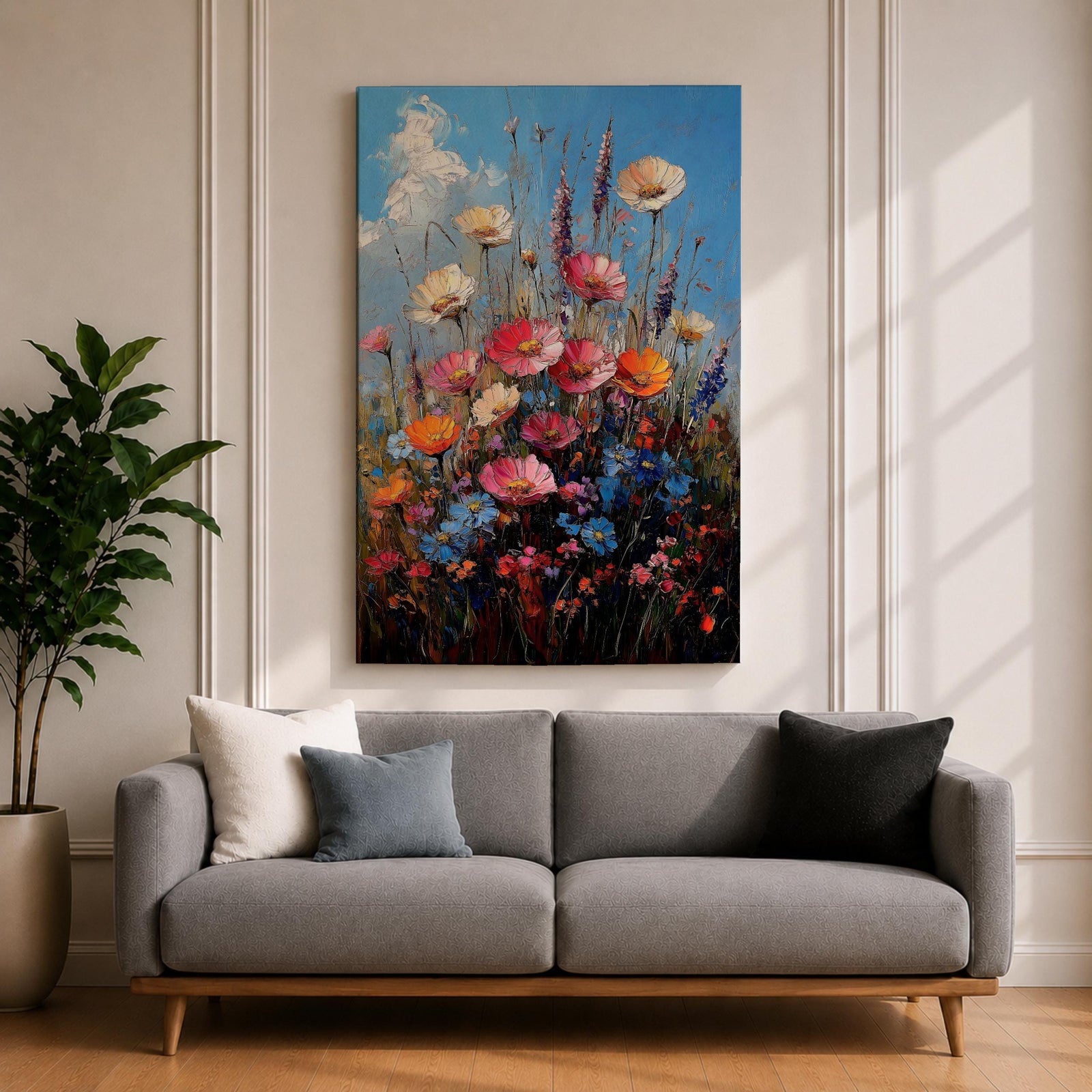 A vibrant impasto painting of a wildflower bouquet featuring pink, orange, cream, and blue flowers against a bright blue sky, rendered with thick textured brushstrokes that emphasize the lively natural floral composition.
