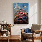 A vibrant impasto painting of a wildflower bouquet featuring pink, orange, cream, and blue flowers against a bright blue sky, rendered with thick textured brushstrokes that emphasize the lively natural floral composition.