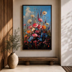 A vibrant impasto painting of a wildflower bouquet featuring pink, orange, cream, and blue flowers against a bright blue sky, rendered with thick textured brushstrokes that emphasize the lively natural floral composition.