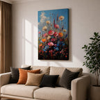 A vibrant impasto painting of a wildflower bouquet featuring pink, orange, cream, and blue flowers against a bright blue sky, rendered with thick textured brushstrokes that emphasize the lively natural floral composition.