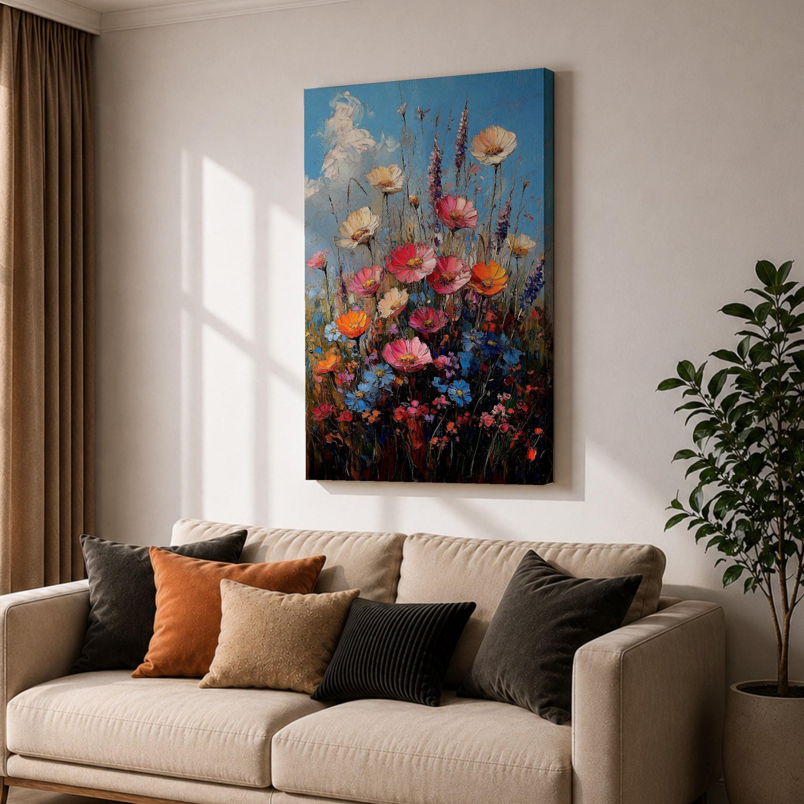 A vibrant impasto painting of a wildflower bouquet featuring pink, orange, cream, and blue flowers against a bright blue sky, rendered with thick textured brushstrokes that emphasize the lively natural floral composition.