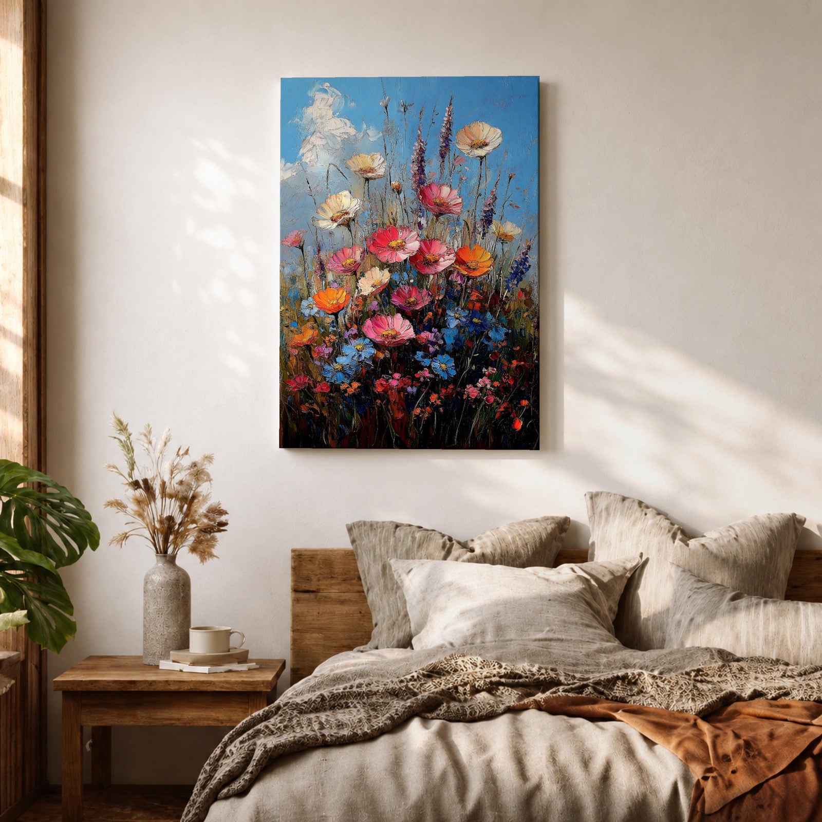A vibrant impasto painting of a wildflower bouquet featuring pink, orange, cream, and blue flowers against a bright blue sky, rendered with thick textured brushstrokes that emphasize the lively natural floral composition.