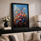 A vibrant impasto painting of a wildflower bouquet featuring pink, orange, cream, and blue flowers against a bright blue sky, rendered with thick textured brushstrokes that emphasize the lively natural floral composition.