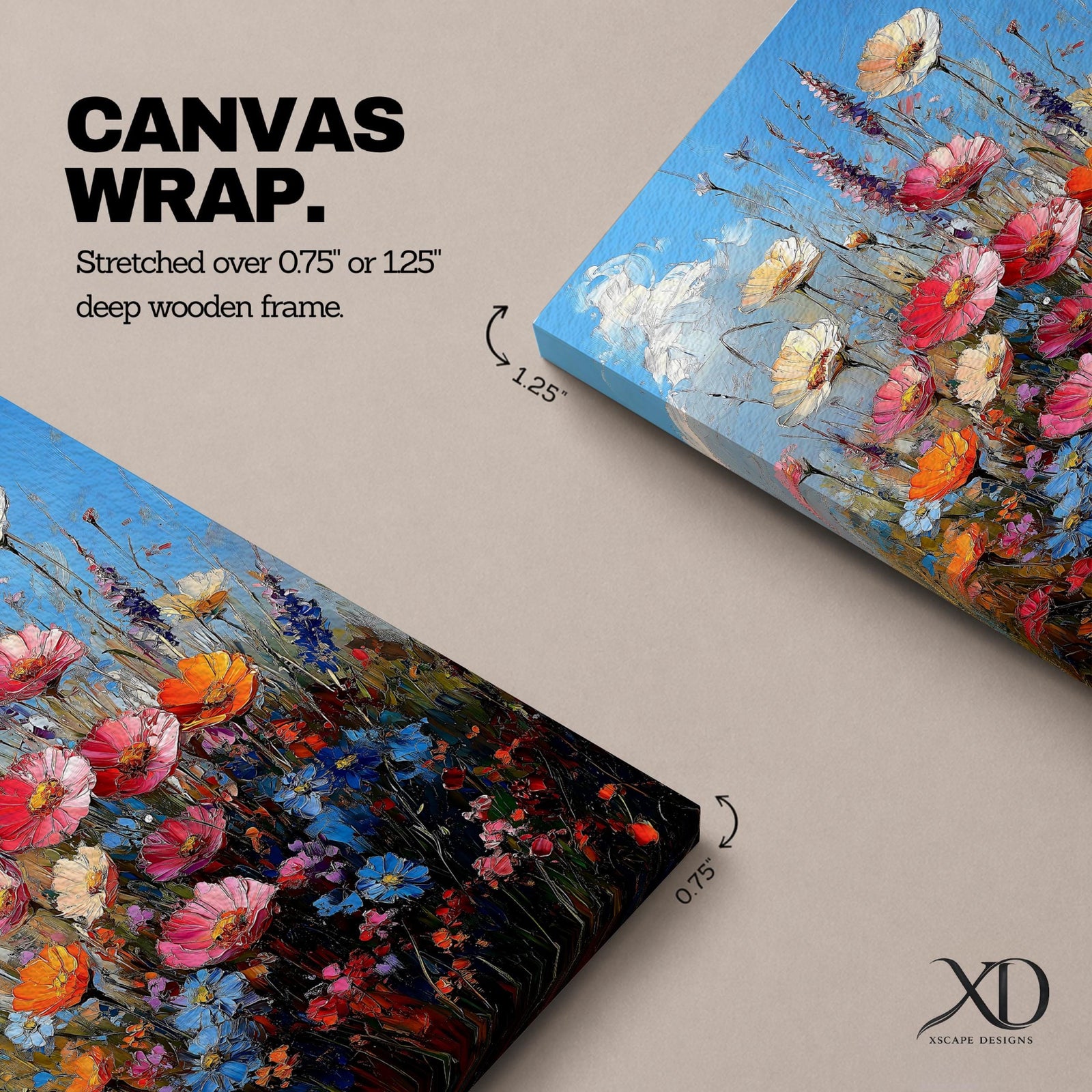 A vibrant impasto painting of a wildflower bouquet featuring pink, orange, cream, and blue flowers against a bright blue sky, rendered with thick textured brushstrokes that emphasize the lively natural floral composition.