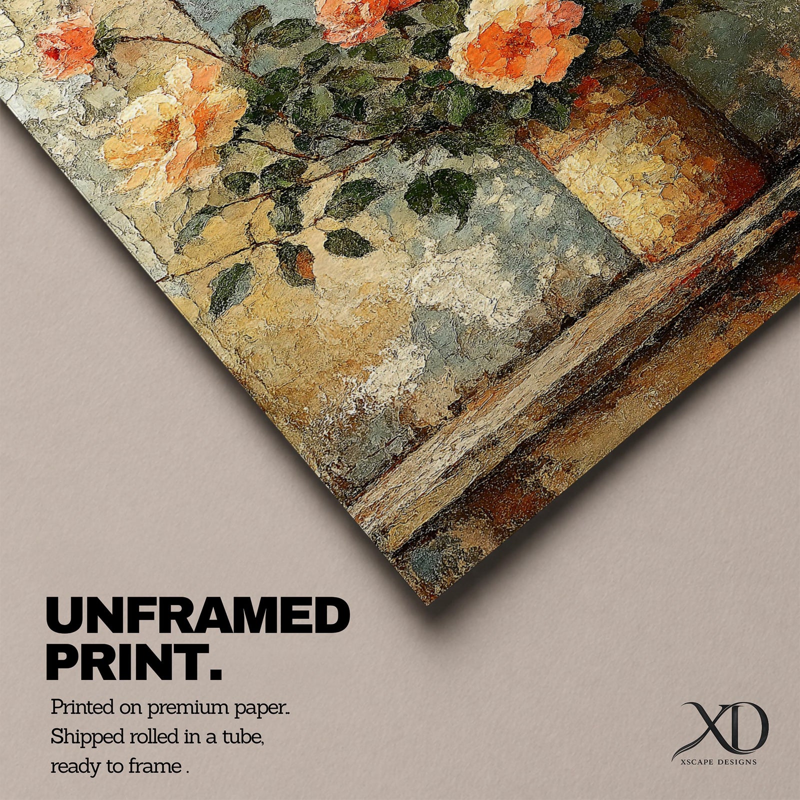 A vintage style framed canvas wall art depicting a rustic floral still life of blooming peonies in a textured vase. The artwork features a painterly, textured technique with soft, layered brushstrokes emphasizing the natural beauty of the flowers against a muted background.