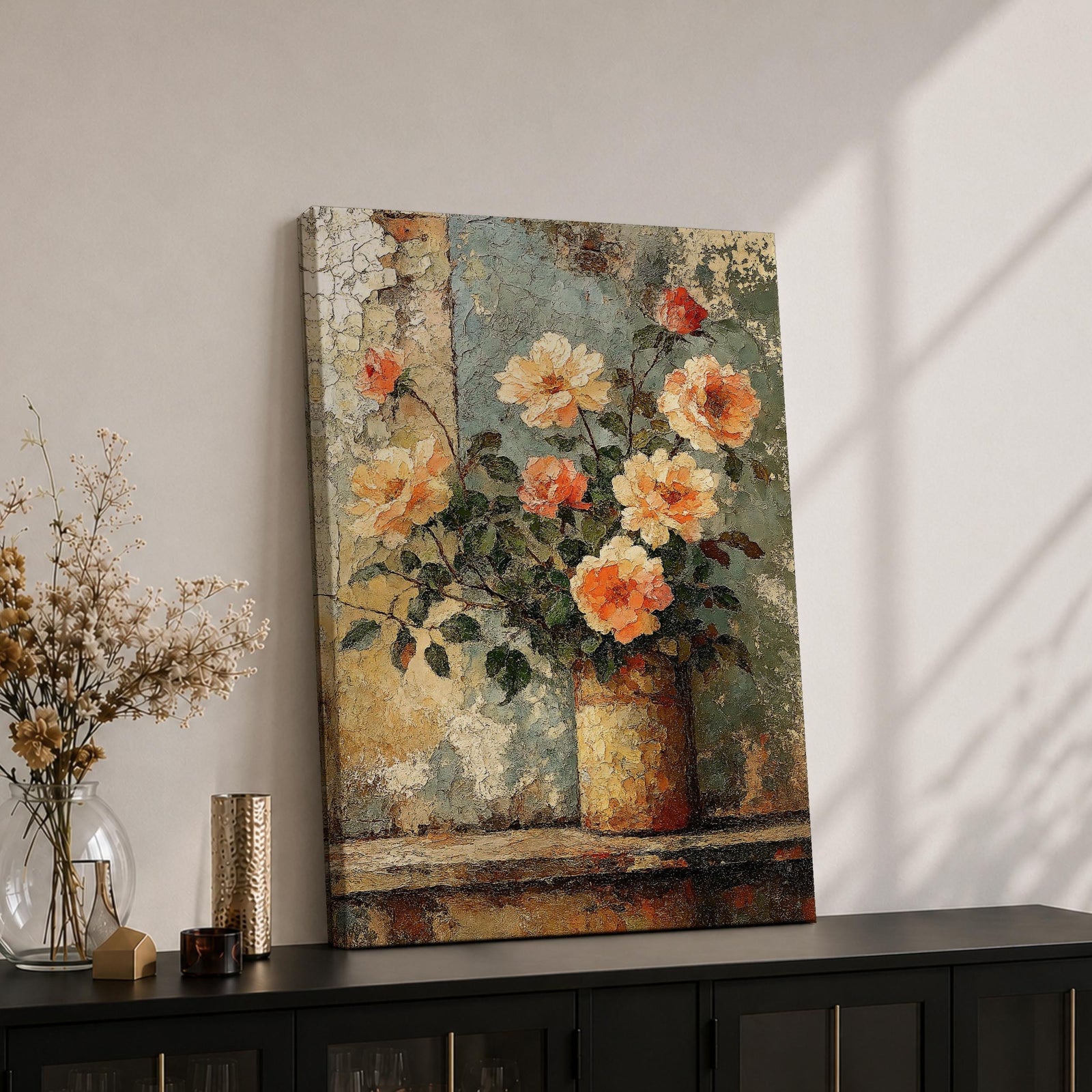 A vintage style framed canvas wall art depicting a rustic floral still life of blooming peonies in a textured vase. The artwork features a painterly, textured technique with soft, layered brushstrokes emphasizing the natural beauty of the flowers against a muted background.