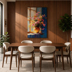 A vibrant floral vase filled with a colorful bouquet of pink, orange, and yellow flowers arranged in an impressionistic style on a windowsill, painted with loose brushstrokes capturing light and shadow in a warm, inviting composition.