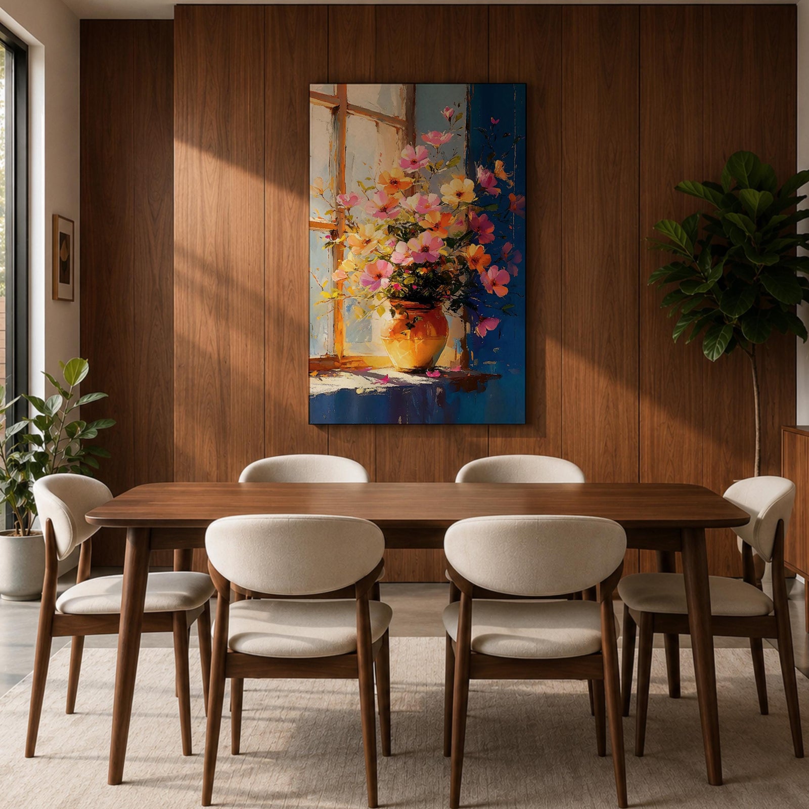 A vibrant floral vase filled with a colorful bouquet of pink, orange, and yellow flowers arranged in an impressionistic style on a windowsill, painted with loose brushstrokes capturing light and shadow in a warm, inviting composition.