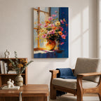 A vibrant floral vase filled with a colorful bouquet of pink, orange, and yellow flowers arranged in an impressionistic style on a windowsill, painted with loose brushstrokes capturing light and shadow in a warm, inviting composition.