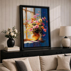 A vibrant floral vase filled with a colorful bouquet of pink, orange, and yellow flowers arranged in an impressionistic style on a windowsill, painted with loose brushstrokes capturing light and shadow in a warm, inviting composition.