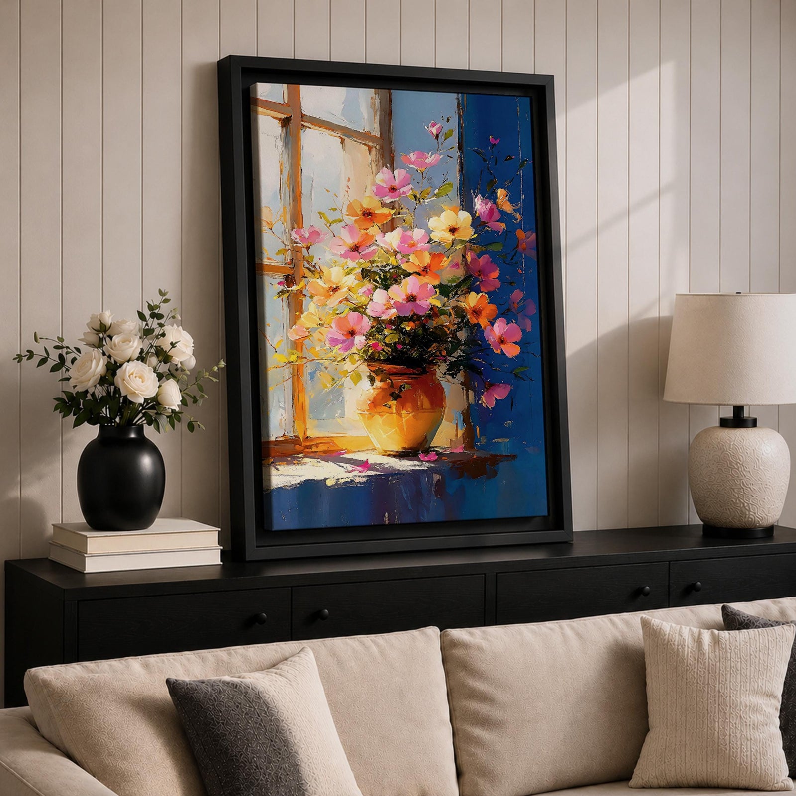 A vibrant floral vase filled with a colorful bouquet of pink, orange, and yellow flowers arranged in an impressionistic style on a windowsill, painted with loose brushstrokes capturing light and shadow in a warm, inviting composition.