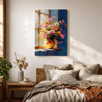 A vibrant floral vase filled with a colorful bouquet of pink, orange, and yellow flowers arranged in an impressionistic style on a windowsill, painted with loose brushstrokes capturing light and shadow in a warm, inviting composition.