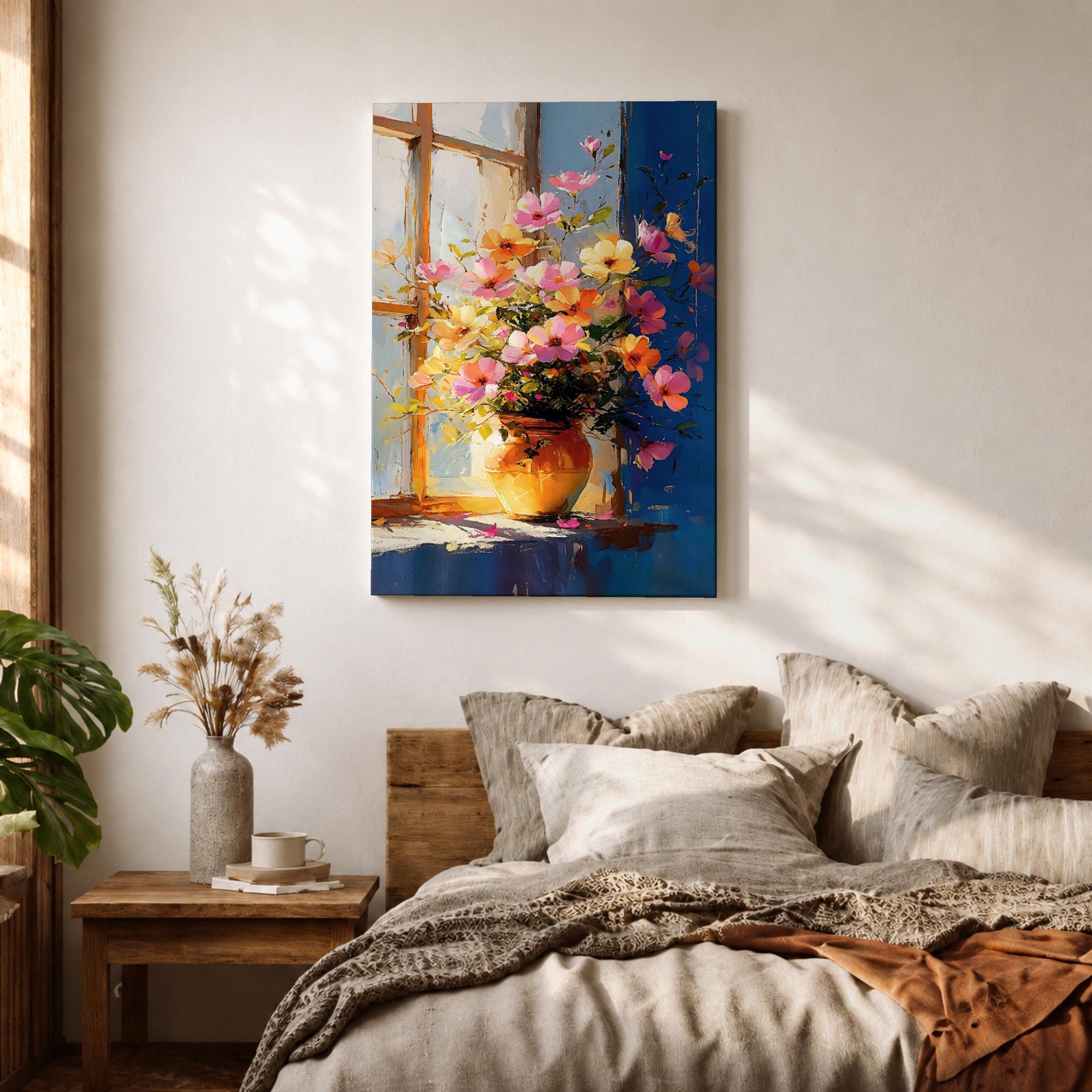 A vibrant floral vase filled with a colorful bouquet of pink, orange, and yellow flowers arranged in an impressionistic style on a windowsill, painted with loose brushstrokes capturing light and shadow in a warm, inviting composition.