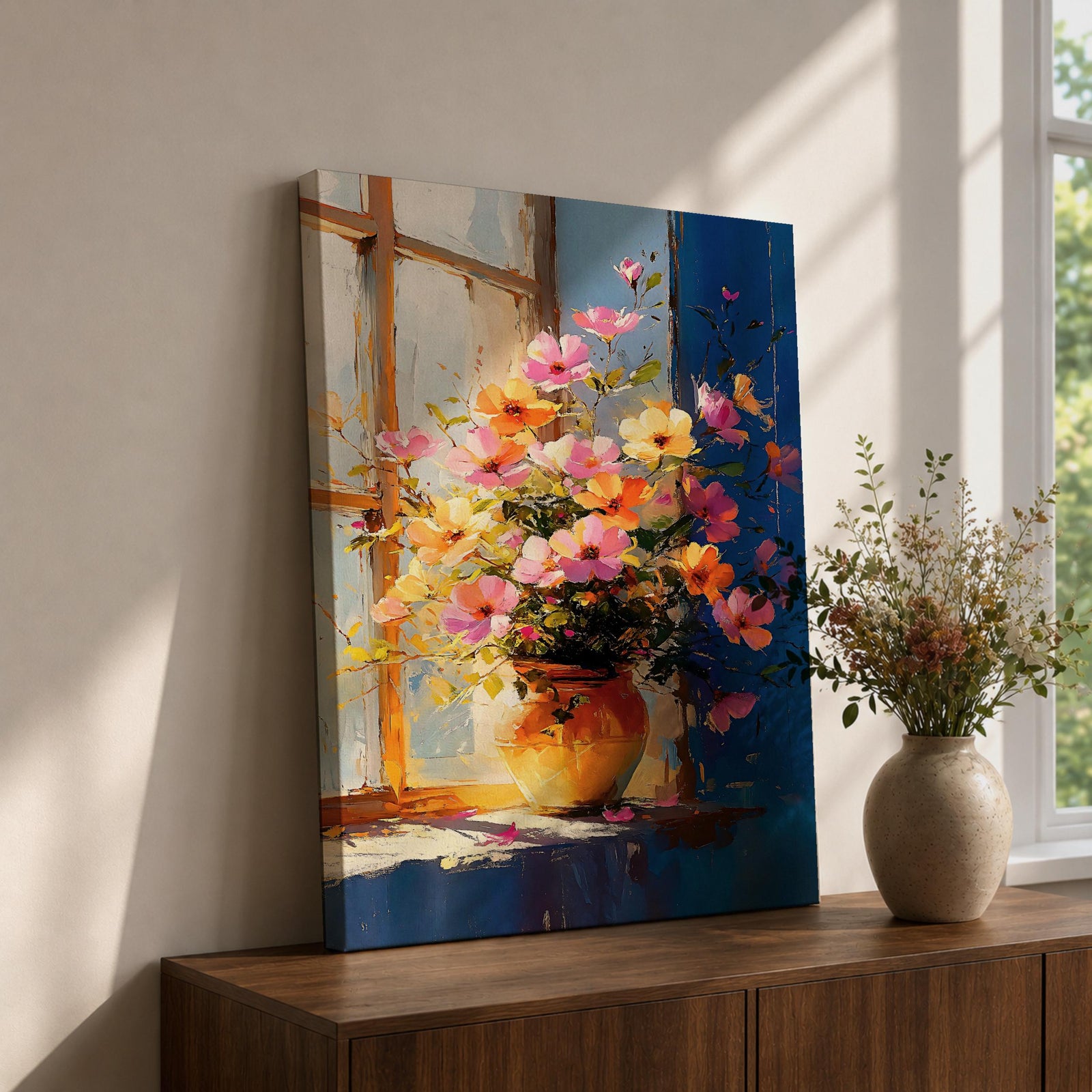 A vibrant floral vase filled with a colorful bouquet of pink, orange, and yellow flowers arranged in an impressionistic style on a windowsill, painted with loose brushstrokes capturing light and shadow in a warm, inviting composition.