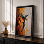 A vibrant impasto style painting of a hummingbird in mid-flight with colorful textured wings and body. The artwork captures the dynamic motion and intricate details of the bird against a warm abstract background, emphasizing wildlife and nature themes in a richly textured animal depiction.