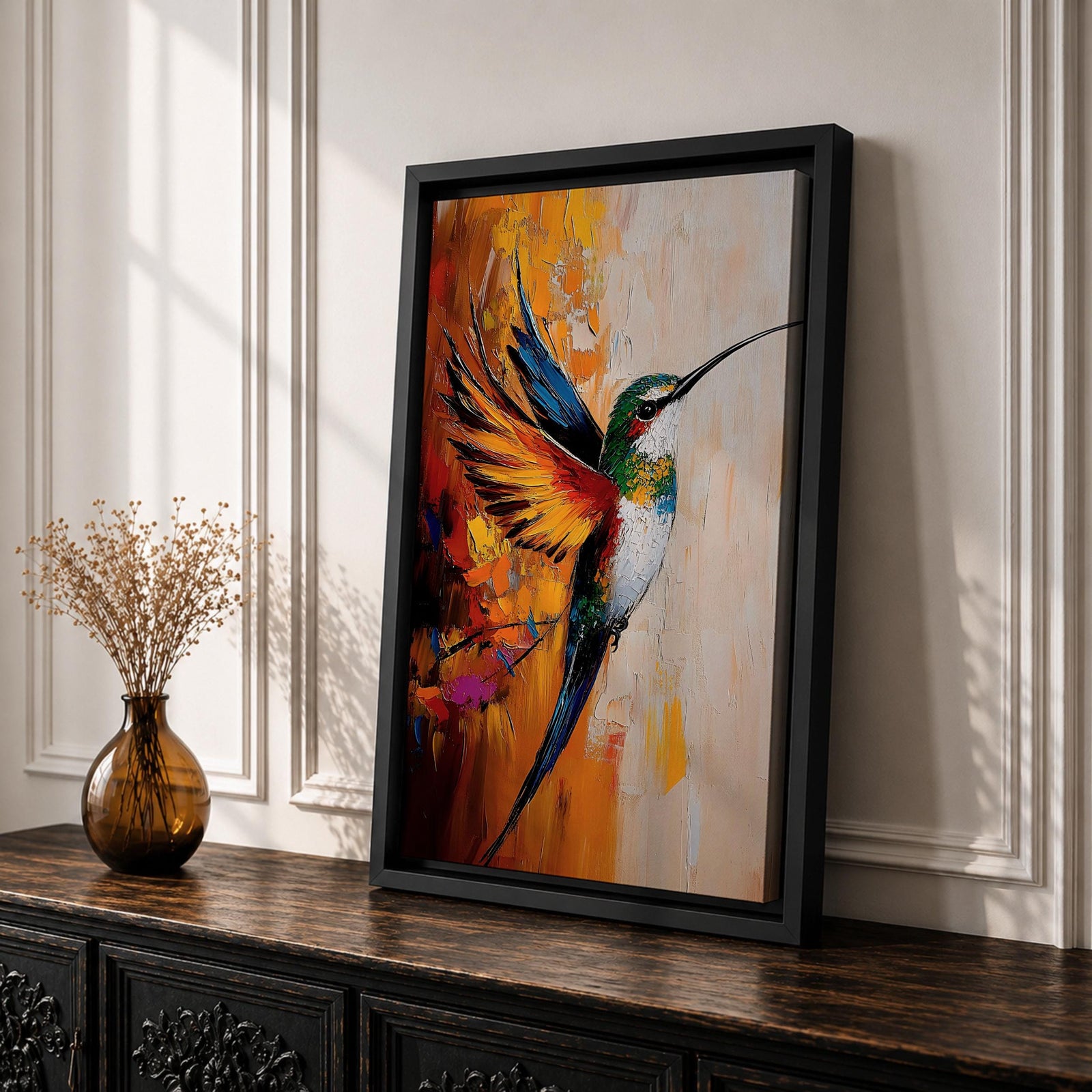 A vibrant impasto style painting of a hummingbird in mid-flight with colorful textured wings and body. The artwork captures the dynamic motion and intricate details of the bird against a warm abstract background, emphasizing wildlife and nature themes in a richly textured animal depiction.