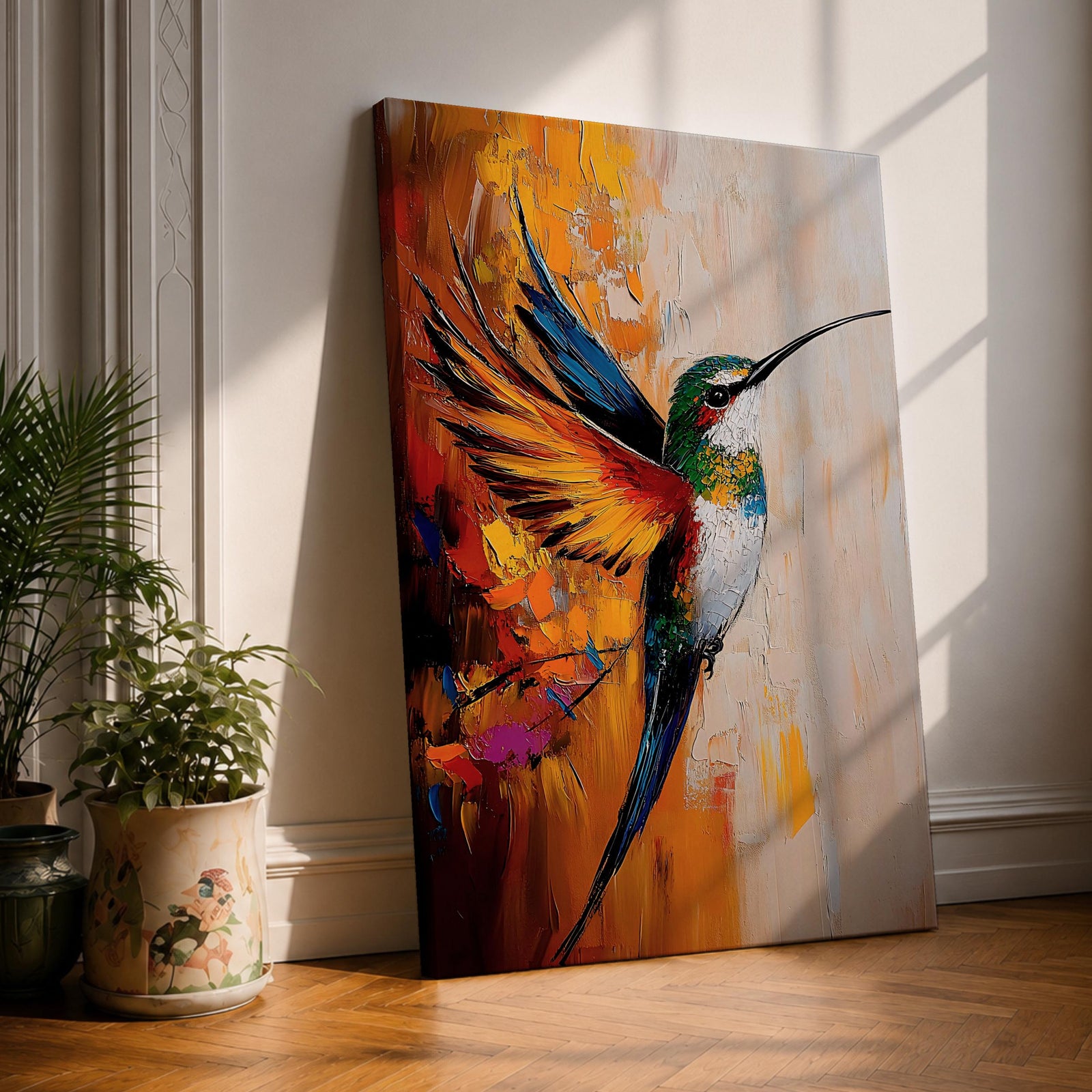 A vibrant impasto style painting of a hummingbird in mid-flight with colorful textured wings and body. The artwork captures the dynamic motion and intricate details of the bird against a warm abstract background, emphasizing wildlife and nature themes in a richly textured animal depiction.
