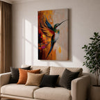 A vibrant impasto style painting of a hummingbird in mid-flight with colorful textured wings and body. The artwork captures the dynamic motion and intricate details of the bird against a warm abstract background, emphasizing wildlife and nature themes in a richly textured animal depiction.