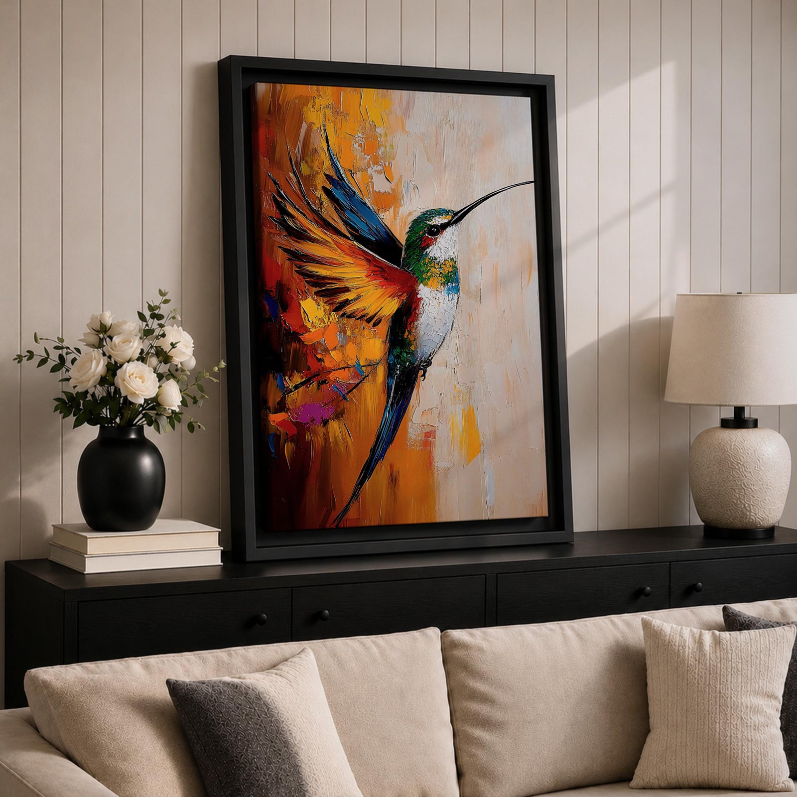 A vibrant impasto style painting of a hummingbird in mid-flight with colorful textured wings and body. The artwork captures the dynamic motion and intricate details of the bird against a warm abstract background, emphasizing wildlife and nature themes in a richly textured animal depiction.