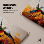 A vibrant impasto style painting of a hummingbird in mid-flight with colorful textured wings and body. The artwork captures the dynamic motion and intricate details of the bird against a warm abstract background, emphasizing wildlife and nature themes in a richly textured animal depiction.