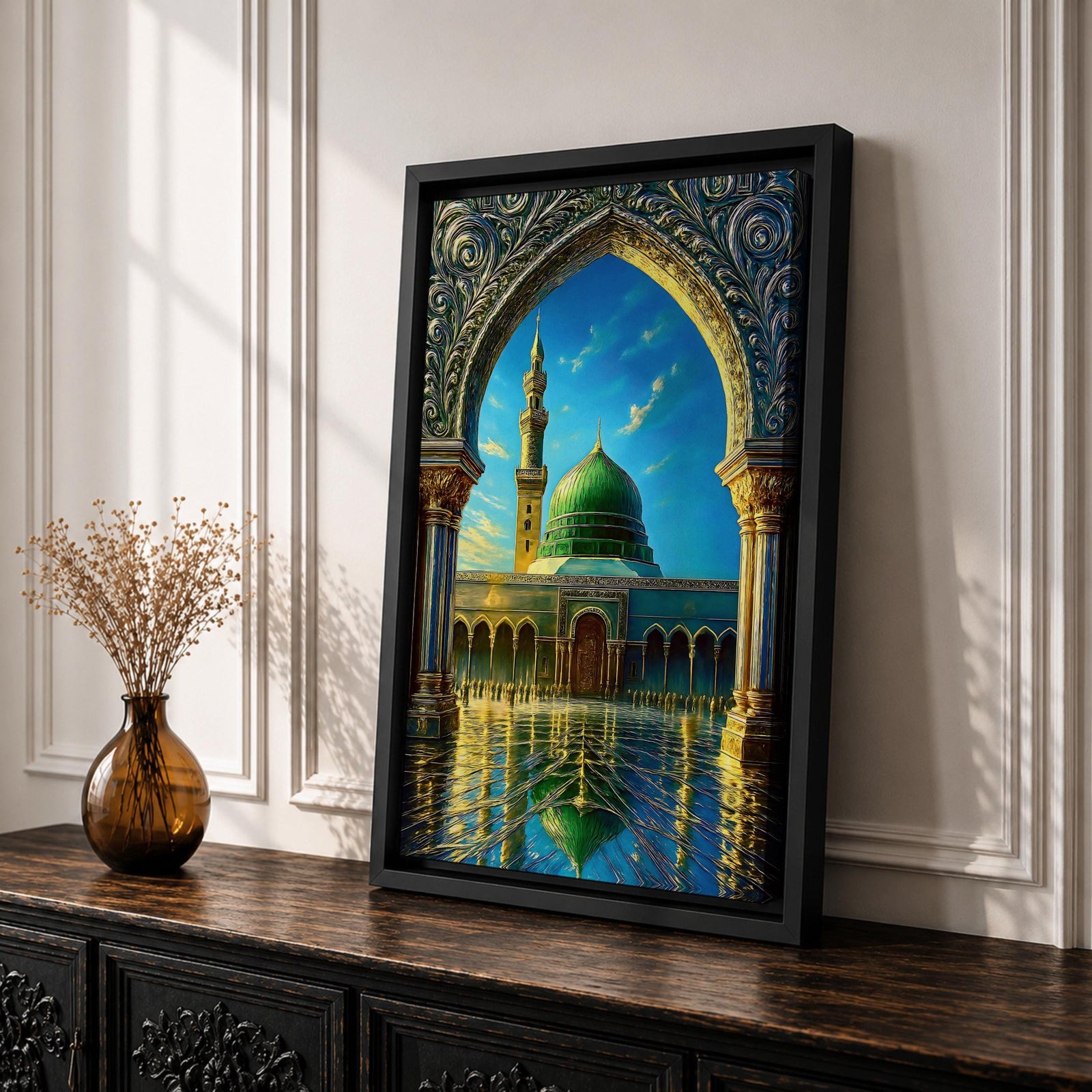 Artistic painting of the Prophet’s Mosque in Medina framed by an ornate Islamic arch, featuring the iconic green dome and tall minaret reflected across a polished courtyard beneath a bright blue sky.