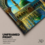 Artistic painting of the Prophet’s Mosque in Medina framed by an ornate Islamic arch, featuring the iconic green dome and tall minaret reflected across a polished courtyard beneath a bright blue sky.