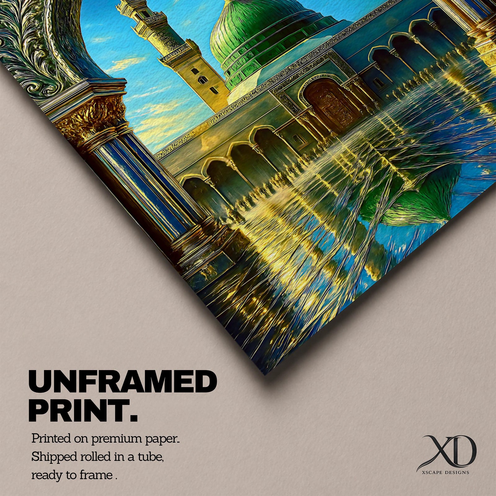 Artistic painting of the Prophet’s Mosque in Medina framed by an ornate Islamic arch, featuring the iconic green dome and tall minaret reflected across a polished courtyard beneath a bright blue sky.