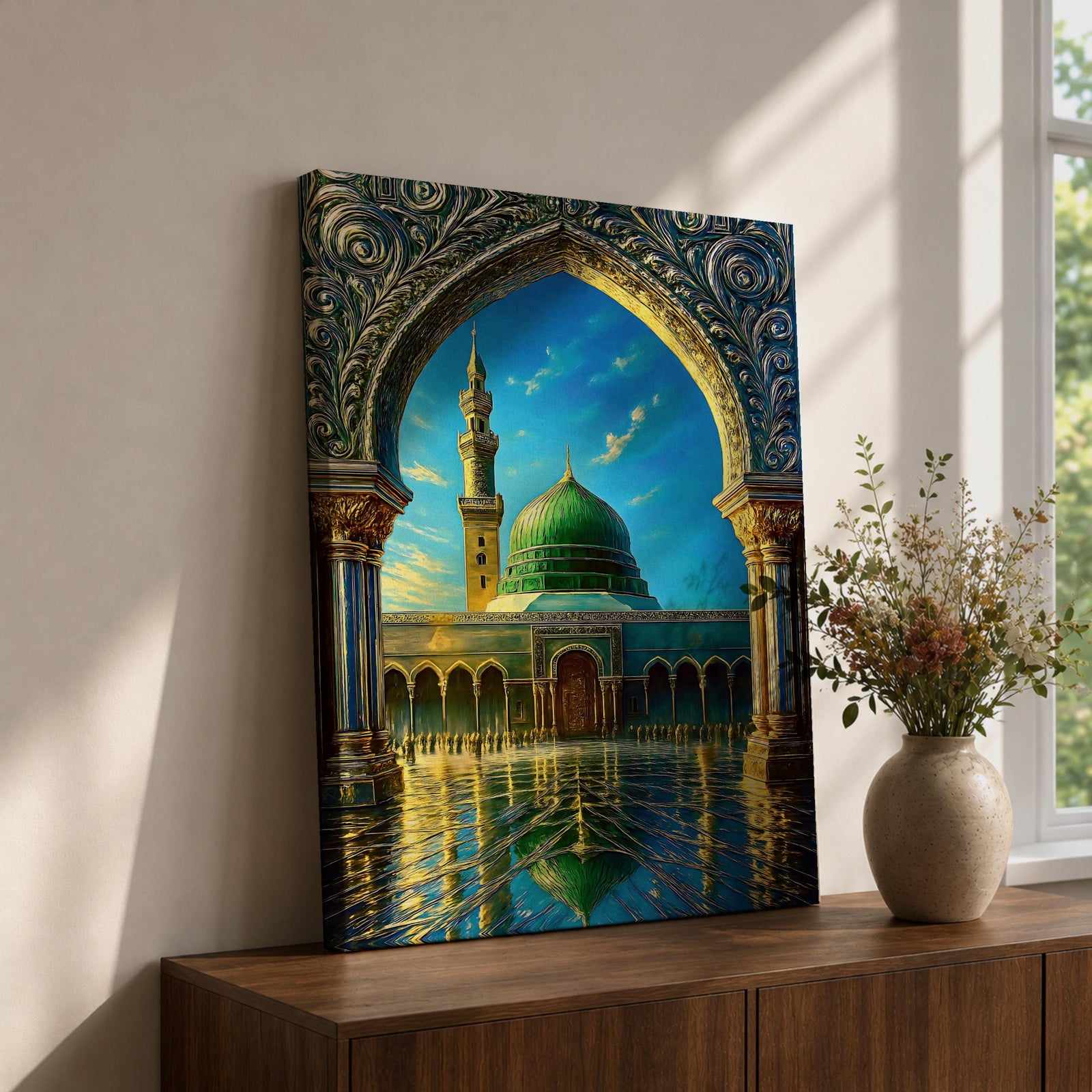 Artistic painting of the Prophet’s Mosque in Medina framed by an ornate Islamic arch, featuring the iconic green dome and tall minaret reflected across a polished courtyard beneath a bright blue sky.