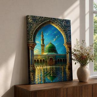 Artistic painting of the Prophet’s Mosque in Medina framed by an ornate Islamic arch, featuring the iconic green dome and tall minaret reflected across a polished courtyard beneath a bright blue sky.