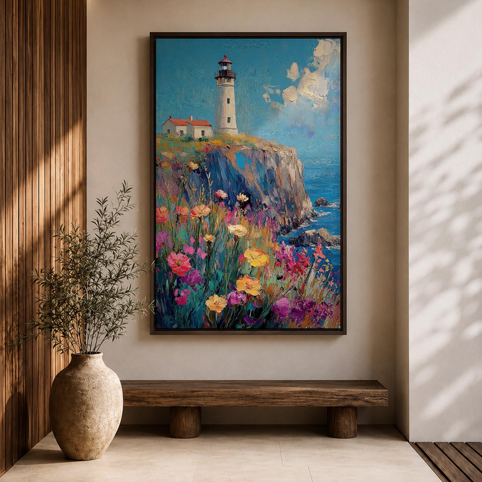 This impasto style painting depicts a lighthouse standing on a rocky cliff overlooking the sea with a vibrant wildflower meadow in the foreground. The thick textured brushstrokes create a rich, colorful coastal landscape scene with blue skies and scattered clouds.
