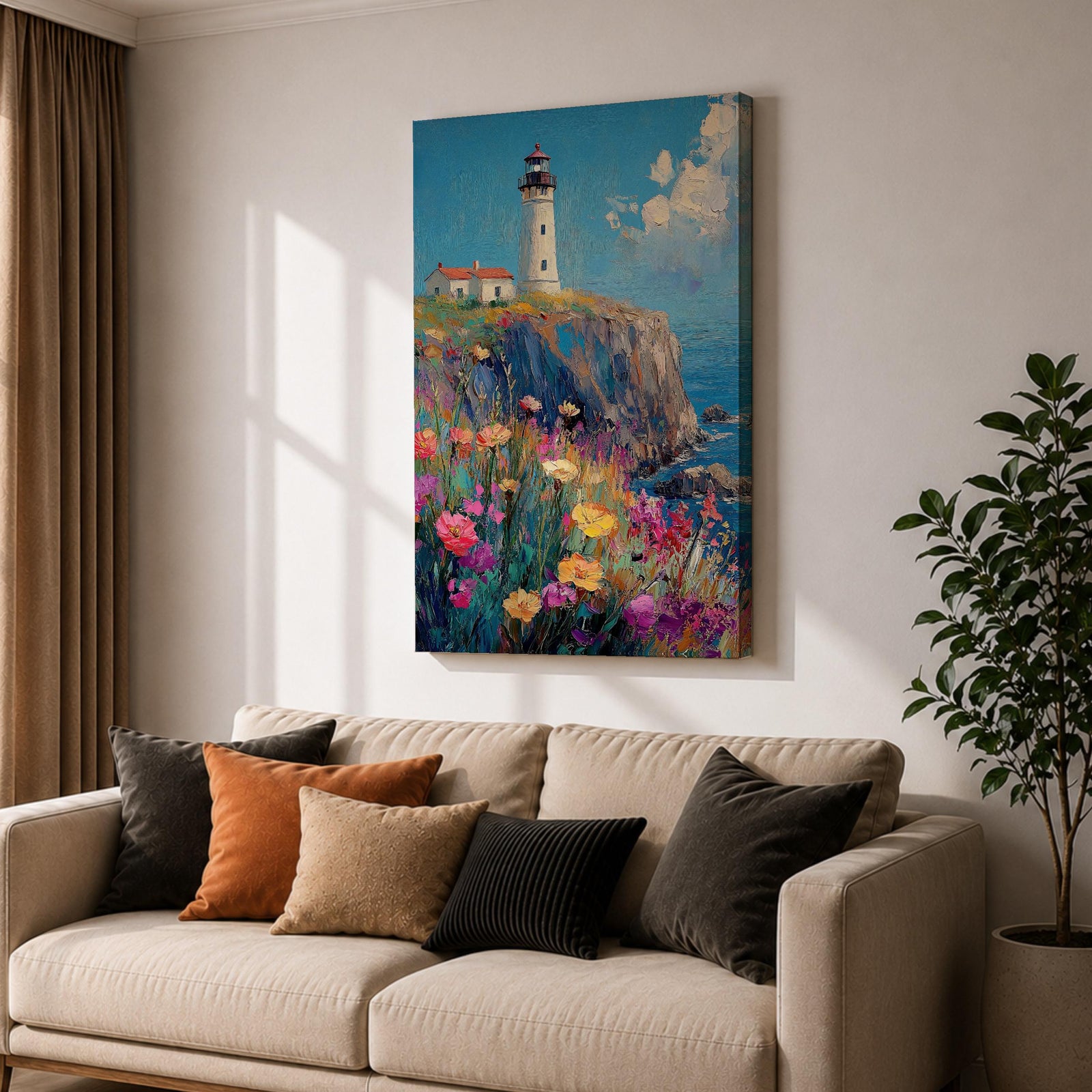 This impasto style painting depicts a lighthouse standing on a rocky cliff overlooking the sea with a vibrant wildflower meadow in the foreground. The thick textured brushstrokes create a rich, colorful coastal landscape scene with blue skies and scattered clouds.