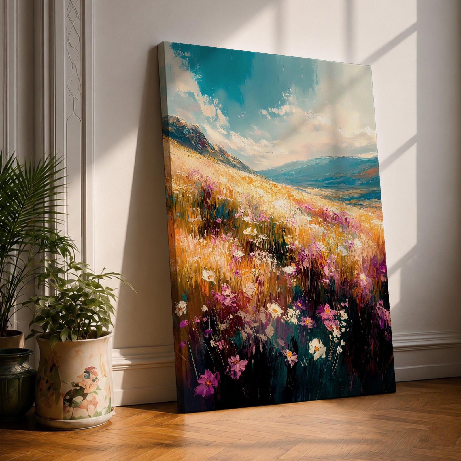A vibrant wildflower mountain landscape featuring a colorful meadow filled with blooming flowers under a bright sky, painted in a naturalistic style with rich textures and dynamic brushstrokes capturing the beauty of nature and open fields.