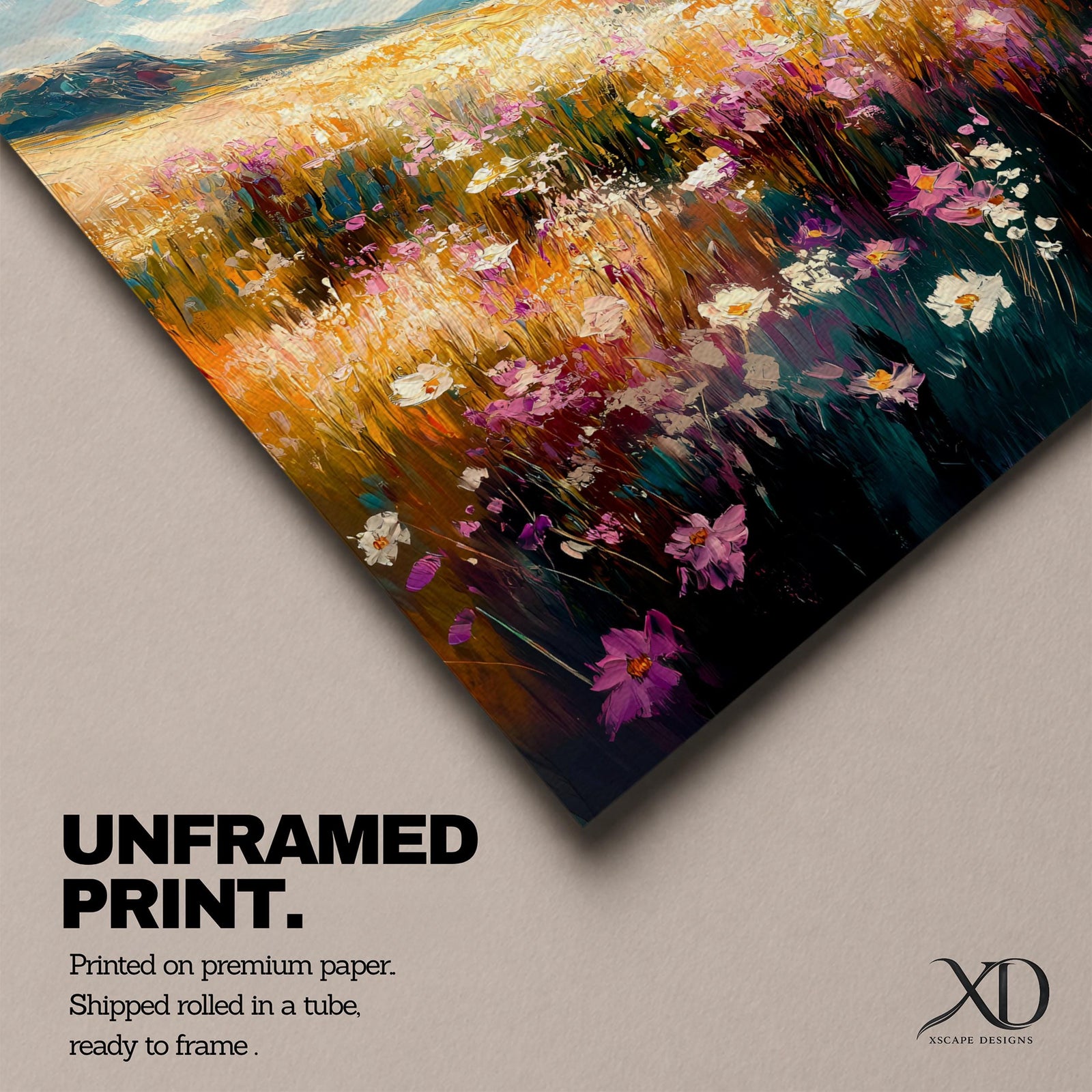 A vibrant wildflower mountain landscape featuring a colorful meadow filled with blooming flowers under a bright sky, painted in a naturalistic style with rich textures and dynamic brushstrokes capturing the beauty of nature and open fields.