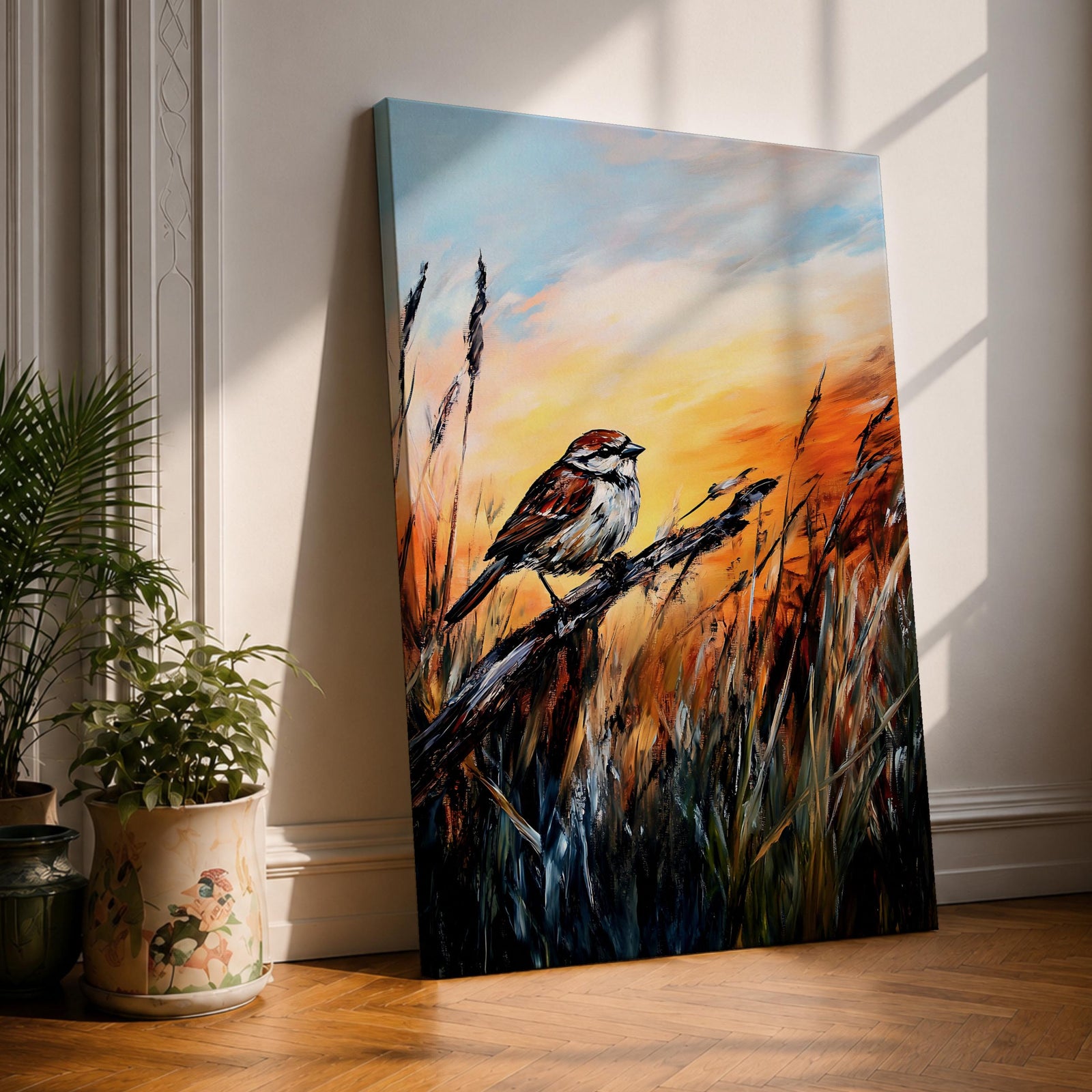 A detailed painting of a sparrow perched on a branch amid tall grasses at sunset. The artwork captures natural textures and warm tones with realistic brush strokes, emphasizing the bird’s feathers and the surrounding wild habitat in a naturalistic style.