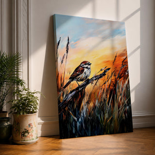 A detailed painting of a sparrow perched on a branch amid tall grasses at sunset. The artwork captures natural textures and warm tones with realistic brush strokes, emphasizing the bird’s feathers and the surrounding wild habitat in a naturalistic style.