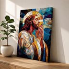 Modern stained glass style illustration of Jesus Christ shown praying with hands clasped and head bowed, portrayed with a calm expression and soft halo, composed of luminous jewel toned glass segments and radiant light patterns, rendered with clean lines and glowing color in a contemporary Christian devotional composition.