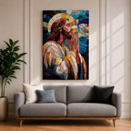 Modern stained glass style illustration of Jesus Christ shown praying with hands clasped and head bowed, portrayed with a calm expression and soft halo, composed of luminous jewel toned glass segments and radiant light patterns, rendered with clean lines and glowing color in a contemporary Christian devotional composition.