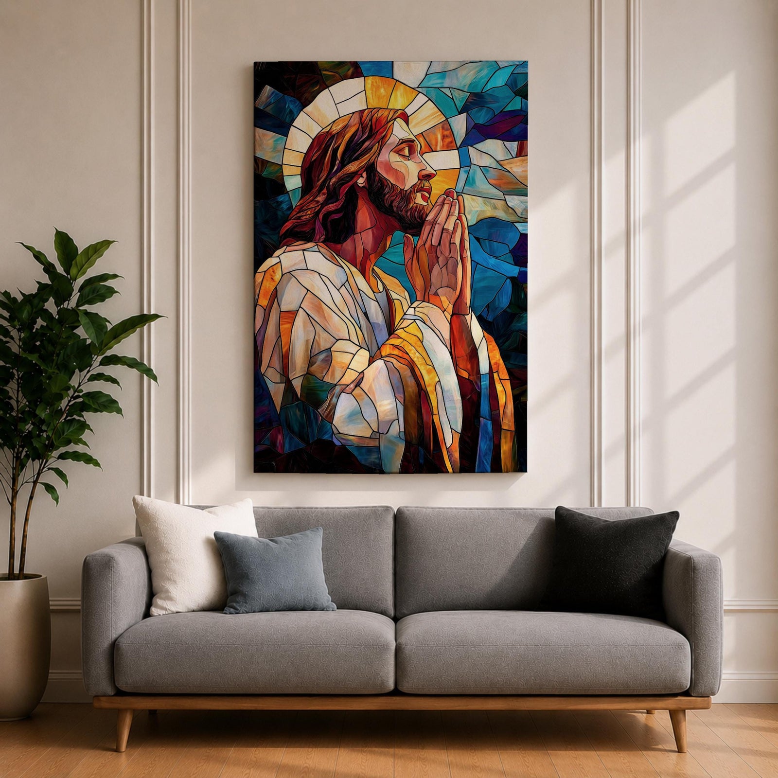 Modern stained glass style illustration of Jesus Christ shown praying with hands clasped and head bowed, portrayed with a calm expression and soft halo, composed of luminous jewel toned glass segments and radiant light patterns, rendered with clean lines and glowing color in a contemporary Christian devotional composition.