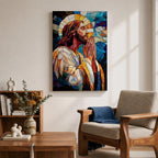 Modern stained glass style illustration of Jesus Christ shown praying with hands clasped and head bowed, portrayed with a calm expression and soft halo, composed of luminous jewel toned glass segments and radiant light patterns, rendered with clean lines and glowing color in a contemporary Christian devotional composition.